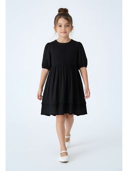 Bella Moda - Cotton Black Solid Pleated Yoke Puff Sleeve Fit And Flare Dress
