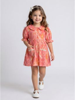 Bella Moda - Cotton Orange Puffed Sleeves Tie-Dye Fit And Flare Dress