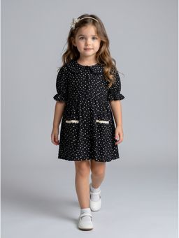 Bella Moda - Cotton Black Polka Dot Printed Fit And Flare Dress