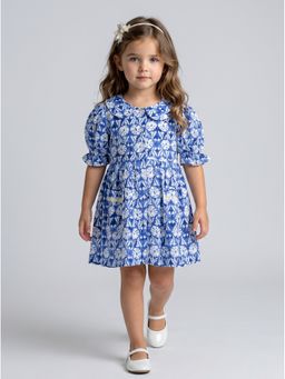 Bella Moda - Cotton Blue Floral Printed Fit And Flare Dress