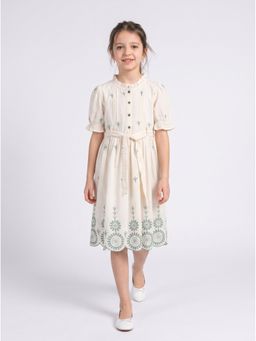 Bella Moda - Cotton Cream Schiffli Embroidered Dress With Belt