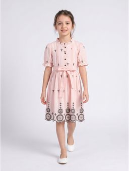 Bella Moda - Cotton Peach Schiffli Embroidered Dress With Belt