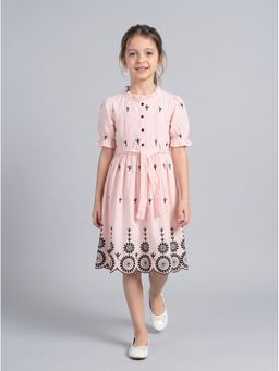 Bella Moda - Cotton Light Pink Schiffli Embroidered Dress With Belt