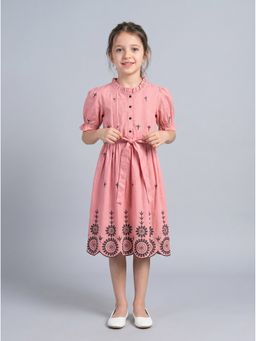 Bella Moda - Cotton Pink Schiffli Embroidered Dress With Belt