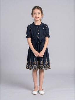 Bella Moda - Cotton Navy Blue Schiffli Embroidered Dress With Belt