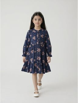 Bella Moda - Navy Blue Floral Embroidered Mandarin Collar Dress