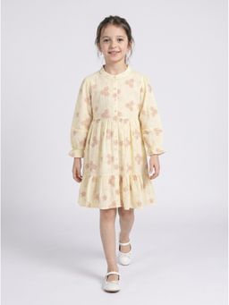 Bella Moda - Yellow Floral Embroidered Mandarin Collar Dress