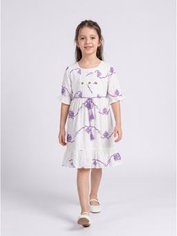 Bella Moda - Purple And White Embroidered Flare Dress With Belt