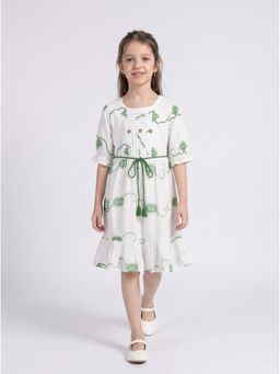 Bella Moda - Green And White Embroidered Flare Dress With Belt