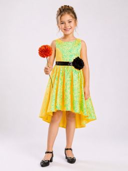 Toy Balloon Kids - Yellow High-Low Printed Party Dress For Girls