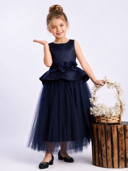 Toy Balloon Kids - Navy Blue Floral Polka Dot Detail And Soft Tulle Flare Gown