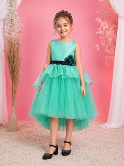Toy Balloon Kids - Green High-Low Floral Embellished Party Dress For Girls