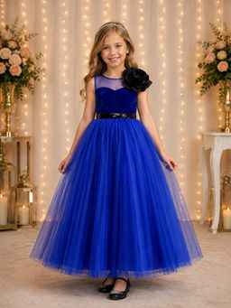Toy Balloon Kids - Girls Blue Full Length Gown With Floral Shoulder
