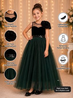 Toy Balloon Kids - Girls Green Full Length Gown With Floral Shoulder