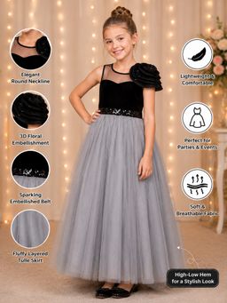 Toy Balloon Kids - Girls Grey Full Length Gown With Floral Shoulder
