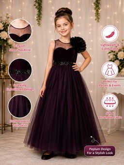 Toy Balloon Kids - Girls Wine Full Length Gown With Floral Shoulder