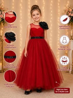 Toy Balloon Kids - Girls Red Full Length Gown With Floral Shoulder