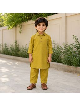 The Magic Wand - Mustard Full Sleeves Solid Pathani Kurta And Pyjama