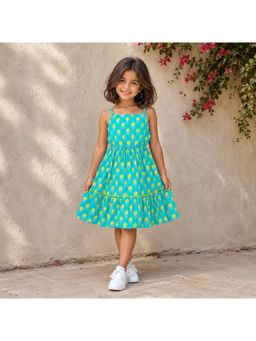 The Magic Wand - Green Cotton Woven Strappy Floral Printed Dress