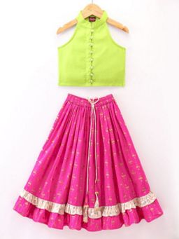 TWISHA - Green Sleeveless Solid Top And Foil Printed Ghagra
