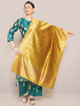 Dupatta Bazaar - Womens Gold Banarasi Silk Dupatta with floral Jaal design