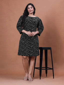 Curvy Lane - Women Black Geometric Printed A-Line Dress