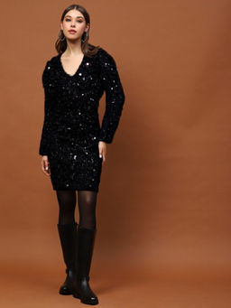 Sera - Black Sequin Feathered Mini Dress