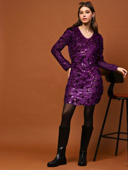 Sera - Maroon Sequin Feathered Mini Dress