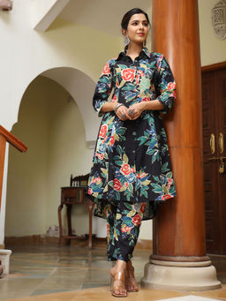 PIROH - Women Cotton Floral Print A-Line Kurta & Pant Black (Set of 2)