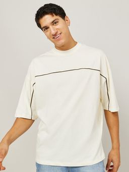 Styli - Cream Solid Seam Insert Cotton Boxy T-Shirt