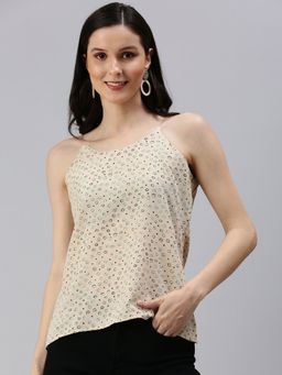 SHOWOFFFF - Women's Geometric Regular Beige Shoulder Straps Top