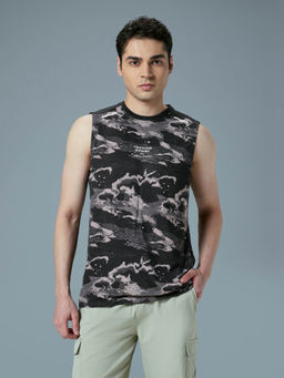 Technosport - Men Black Technocool Printed Slim Fit Round Neck Sports Innerwear Vest