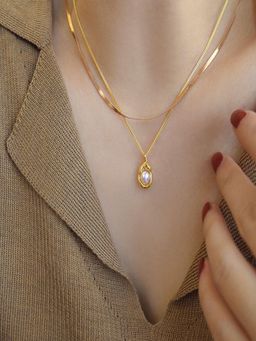 AQUASTREET - 18K Plated Pearl Pendant Layered Chain Necklace