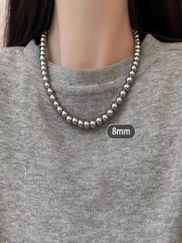 AQUASTREET - Silver Plated 8mm Grey Pearl Beaded Necklace,, Anti-Tarnish Stainless Steel Jewelry