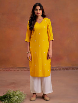 Jaipur Kurti - Mustard Self Woven Embroidered Straight Kurta (XS)