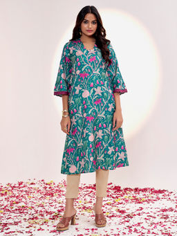 Jaipur Kurti - Green Botanical Printed A-Line Kurta