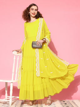 KVS FAB - Yellow Solid Georgette Maxi Dress with Matching Dupatta (Set of 2)