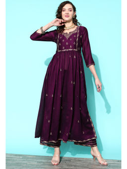 KVS FAB - Purple Floral Embroidered Sequinned Anarkali Kurta with Palazzo (Set of 2)