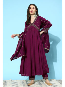 KVS FAB - Burgundy Embroidered Sequin Anarkali Kurta with Pant & Dupatta (Set of 3)
