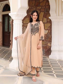 Ghoomar Jaipur - Women Cotton Silk Tan Kurta with Pant and Dupatta
