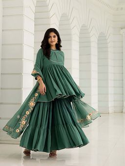 Ghoomar Jaipur - Women Muslin Teal Kurta with Sharara and Dupatta