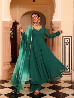 Ghoomar Jaipur - Women Georgette Turquoise Kurta with Pant and Dupatta