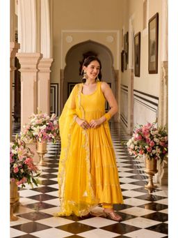 Ghoomar Jaipur - Women Crepe Yellow Anarkali with Pant and Dupatta