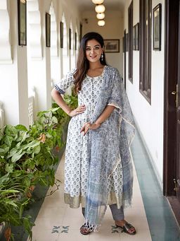 Ghoomar Jaipur - Women Cotton White Kurta with Pant and Dupatta