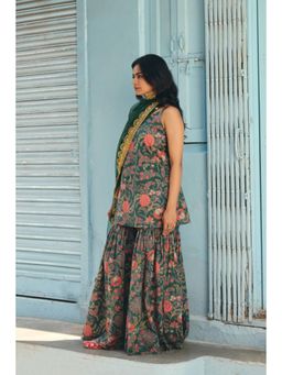 Gulabo Jaipur - Women Cotton Green Kurti with Sharara and Dupatta
