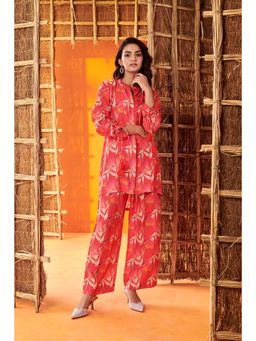 Karaj Jaipur - Women Muslin Red Tunic with Pant