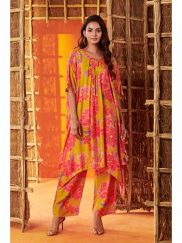 Karaj Jaipur - Women Muslin Green Kaftan with Pant