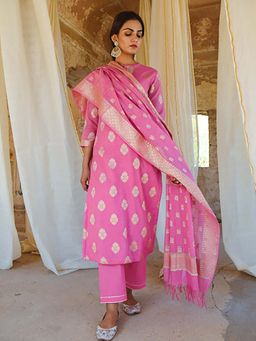 Karaj Jaipur - Women Chanderi Pink Kurta with Pant and Dupatta