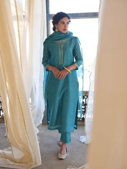Karaj Jaipur - Women Chanderi Teal Kurta with Pant and Dupatta
