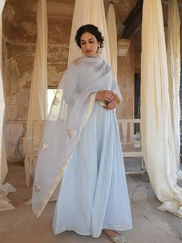 Karaj Jaipur - Women Cotton Blue Kurta with Pant and Dupatta